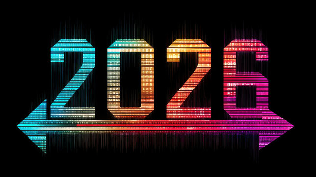 Colorful digital representation of year 2026 with vibrant hues and modern design, symbolizing progress and innovation in technology and future trends