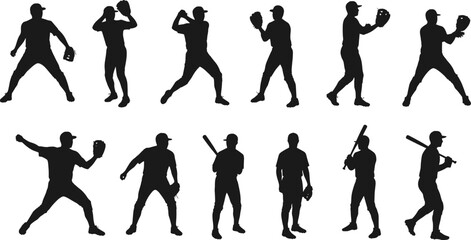 Black silhouette vector set of baseball players in multiple actions, pitching, batting, catching, and fielding, dynamic sports illustration
