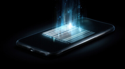 Smartphone displays glowing barcode, emitting light particles in dark environment, symbolizing technology and digital innovation. futuristic design evokes sense of modernity and connectivity