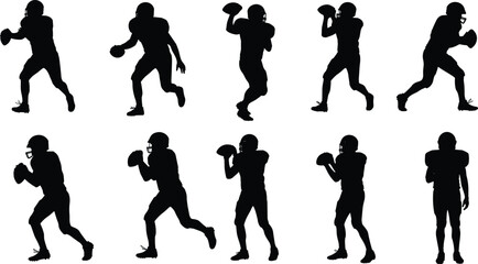 Collection of American football quarterback silhouettes in passing motion, dynamic sport action, athletic performance, competition and training concept on white background