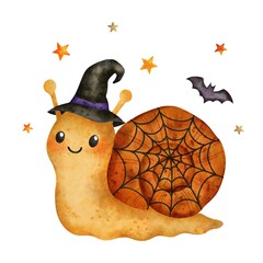 Cute watercolor Halloween snail with a little witch hat and spiderweb on shell, on white background. Perfect for stickers, cards, invitations, kids designs and seasonal decor.