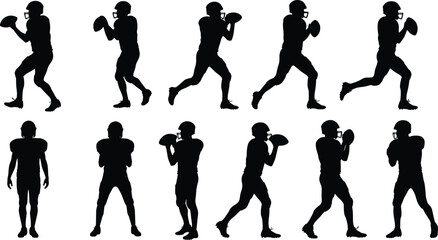 Collection of American football player silhouettes in quarterback passing and action poses, dynamic sport performance, competition and training concept on white background