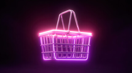 Glowing neon shopping basket with vibrant pink and purple colors, suspended against dark background, evokes modern and stylish shopping experience
