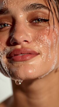Close-Up Portrait of Young Woman with Blue Eyes and Water Drops foam on Face
