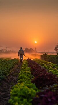 Indian Farmer Walking in Vegetable Field at Sunset with Orange Sky