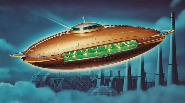 Retro-futuristic spaceship with glowing green windows is flying over a smoky industrial city, possibly observing or monitoring activity below