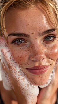 Young Woman Washing Face with Gentle Foam &ndash; Skincare Concept