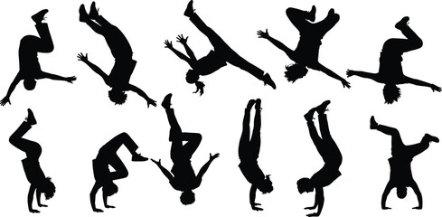 Collection of breakdancing silhouettes in dynamic poses, street dance moves, acrobatics, athletic performance, motion and balance concept on white background