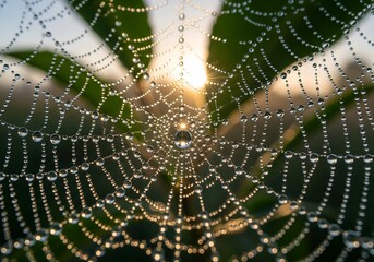 Fototapeta premium Glistening Macro Close-up of Morning Dew Drops on an Intricate Spider Web with Natural Bokeh and Soft Light