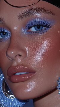 Close-Up Portrait of Woman with Glamorous Makeup and Shiny Skin
