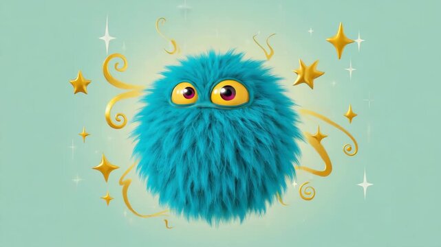 Fluffy, round, blue alien character with big, expressive eyes is floating against a turquoise backdrop, surrounded by golden stars and swirling lines