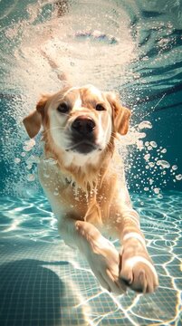 Playful Golden Retriever Jumping into Pool Underwater &ndash; Fun Summer Scene