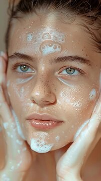 Young Woman Massaging Face with Foam &ndash; Skincare Routine