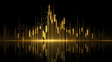 Golden sound wave visualization with reflective surface, showcasing dynamic peaks and valleys. design evokes sense of rhythm and energy, perfect for music or audio related themes