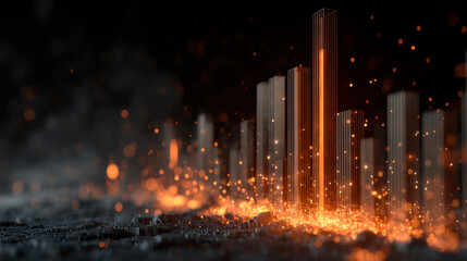 Abstract digital landscape with glowing orange bars representing data visualization, surrounded by shimmering particles creating dynamic and energetic atmosphere