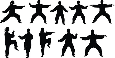 Collection of martial arts silhouettes in Tai Chi and Kung Fu poses, balance, discipline, fitness, sport, meditation and movement concept on white background