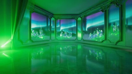 Northern lights illuminating crystal city displayed in elegant room with polished floor reflecting the neon colors and futuristic cityscape