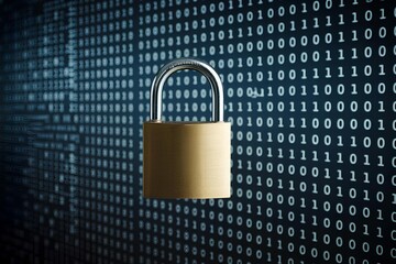 Cybersecurity and data privacy protection concept, lock, binary digits background with secure system code, digital shield, padlock symbol, encryption authentication, technology control, cyber Privacy