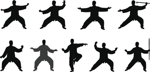 Collection of martial arts silhouettes with Tai Chi and Kung Fu poses, weapon forms, balance, discipline, sport, fitness and movement concept