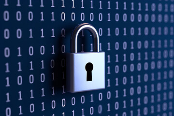 Cybersecurity and data privacy protection concept, lock, binary digits background secure encryption, digital shield, AI identity authentication, padlock, cyber network system, technology access safety