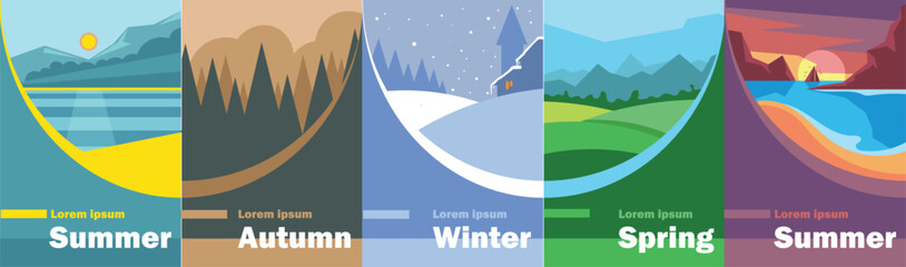 Seasons. Five vector illustrations of landscape, trees, mountains, lakes, houses and decorations for travel brochure or magazine, outdoor activities, background and cover.