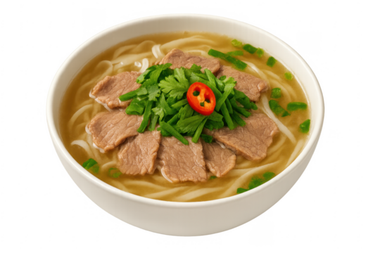 Vietnamese pho bo soup with beef, noodles, herbs, and chili pepper on transparent background