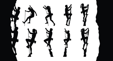 Collection of rock climbing silhouettes in dynamic poses, adventure sport, outdoor activity, strength, fitness and mountaineering concept on white background