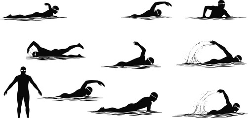 Collection of swimming silhouettes showing freestyle, breaststroke, backstroke, butterfly, diving and standing poses, aquatic sport, fitness and competition concept