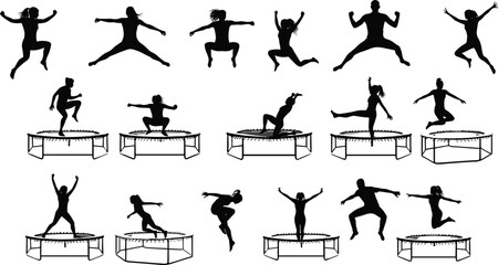 Collection of trampoline jump silhouettes in dynamic airborne poses, athletic performance, sport, fitness, acrobatics and active lifestyle concept on white background