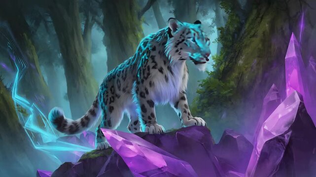 Majestic snow leopard with glowing blue markings stands proudly on dark rocks adorned with vibrant purple crystals in an enchanted forest, creating a captivating and otherworldly scene