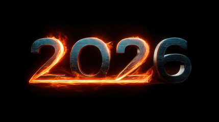 2026 is depicted in fiery, metallic style, symbolizing energy and transformation. glowing flames enhance futuristic feel, making it visually striking and dynamic