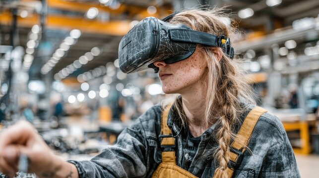 Woman wearing virtual reality headset working with computer screens in an industrial factory, futuristic technology - Powered by Adobe