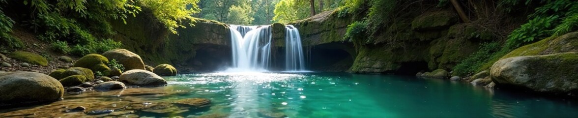 Obraz premium Serene cascade tumbling down moss-covered rocks into a pristine pool, sunlight dappling the surface Perfect for nature, travel, and environmental themes , adventure, tranquility, water feature