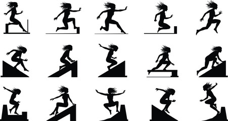 Sequence of parkour silhouettes over obstacles, dynamic running, jumping, climbing, urban sport, fitness and free‑running concept on white background