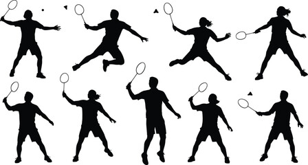 Set of badminton player silhouettes in action poses, hitting shuttlecock, sport, competition, agility, fitness and active lifestyle concept on white background
