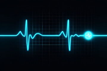 Glowing blue electrocardiogram waveform on dark grid background heartbeat pulse