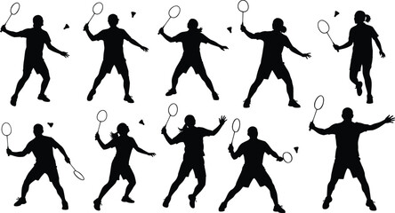 Set of badminton player silhouettes in dynamic action poses, hitting shuttlecock, sport, competition, agility, fitness and active lifestyle concept on white background