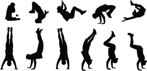 Set of gymnastics and acrobatics silhouettes, dynamic flips, handstands, athletic movement, sport, fitness and active lifestyle concept on white background