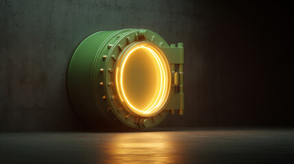Large, green vault door with glowing circular light is set against dark, textured wall. door features sturdy hinge and metallic bolts, creating sense of security and mystery