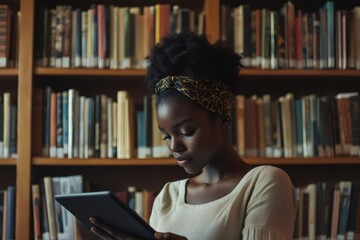 Focused young woman using digital tablet in library, accessing online learning platforms and educational resources