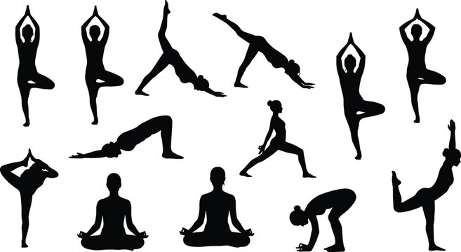 Yoga pose silhouettes in standing, seated, balancing positions, Warrior, Tree, Dancer, Lotus, vector illustration, black silhouettes, flexibility, mindfulness, wellness, strength