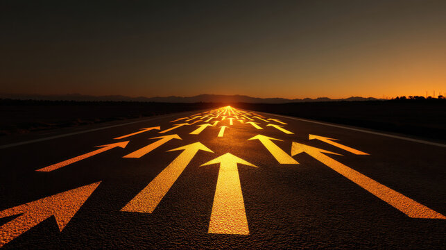Sunset casts warm glow over road marked with bright arrows, guiding way forward. scene evokes sense of direction and optimism, inviting travelers to embark on new journeys