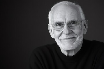 Obraz premium Black and white portrait of a smiling, confident senior man wearing glasses, showcasing his wisdom and life experience