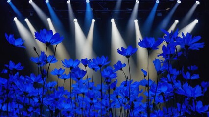 Spotlights illuminate a vibrant field of blue cosmos flowers, creating a mesmerizing scene of color and light on a darkened stage, perfect for artistic performances or special events