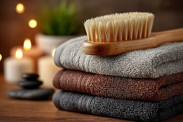 Wooden bamboo brush decor with towels high resolution picture