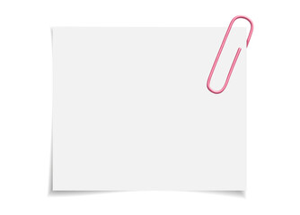 White notepaper attached with a colored paperclip. Empty sheet template for your text or message. Flat vector design.