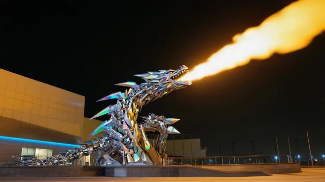 Giant metallic dragon sculpture breathing fire at night, located at the comcast technology center in philadelphia, creates a powerful and fantastical scene