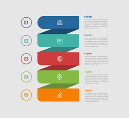 funnel shape business process infographic diagram with balance stacked list with ribbon flip shadow background with 5 step for slide presentation
