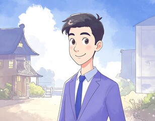 Anime boy in suit, tranquil setting