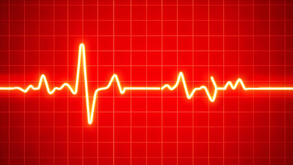 Glowing electrocardiogram line on a red grid background heart pulse